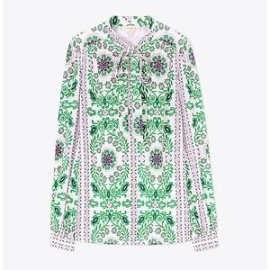 Tory Burch Kia Green Garden Party Print Silk Shirt Top Floral Bow Tie Neck 4
